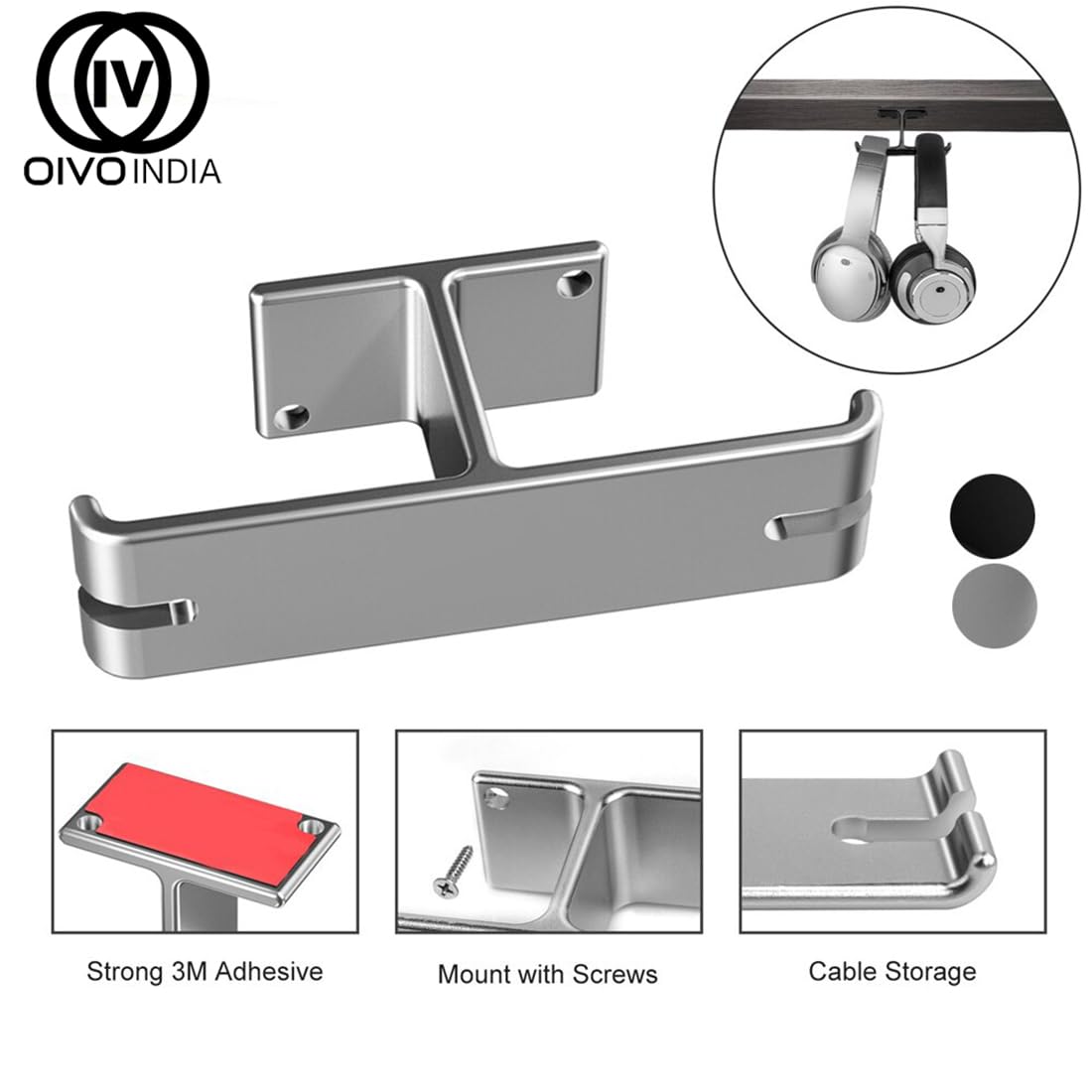 OIVO INDIA Aluminum Headphone Hanger, Gaming Headset Headphone Hook Holder Mount Under Desk with Cable Organizer for All Headphones (Silver)