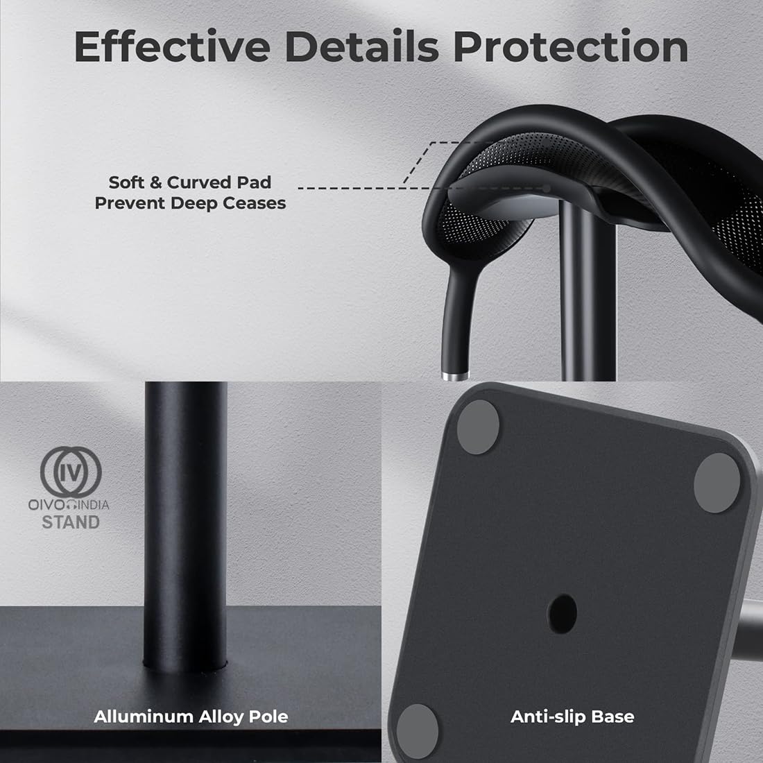 OIVO INDIA Headphone Stand Headset Holder with Aluminum Supporting Bar Flexible Headrest ABS Solid Base for All Headphones Sizes (Only Stand)