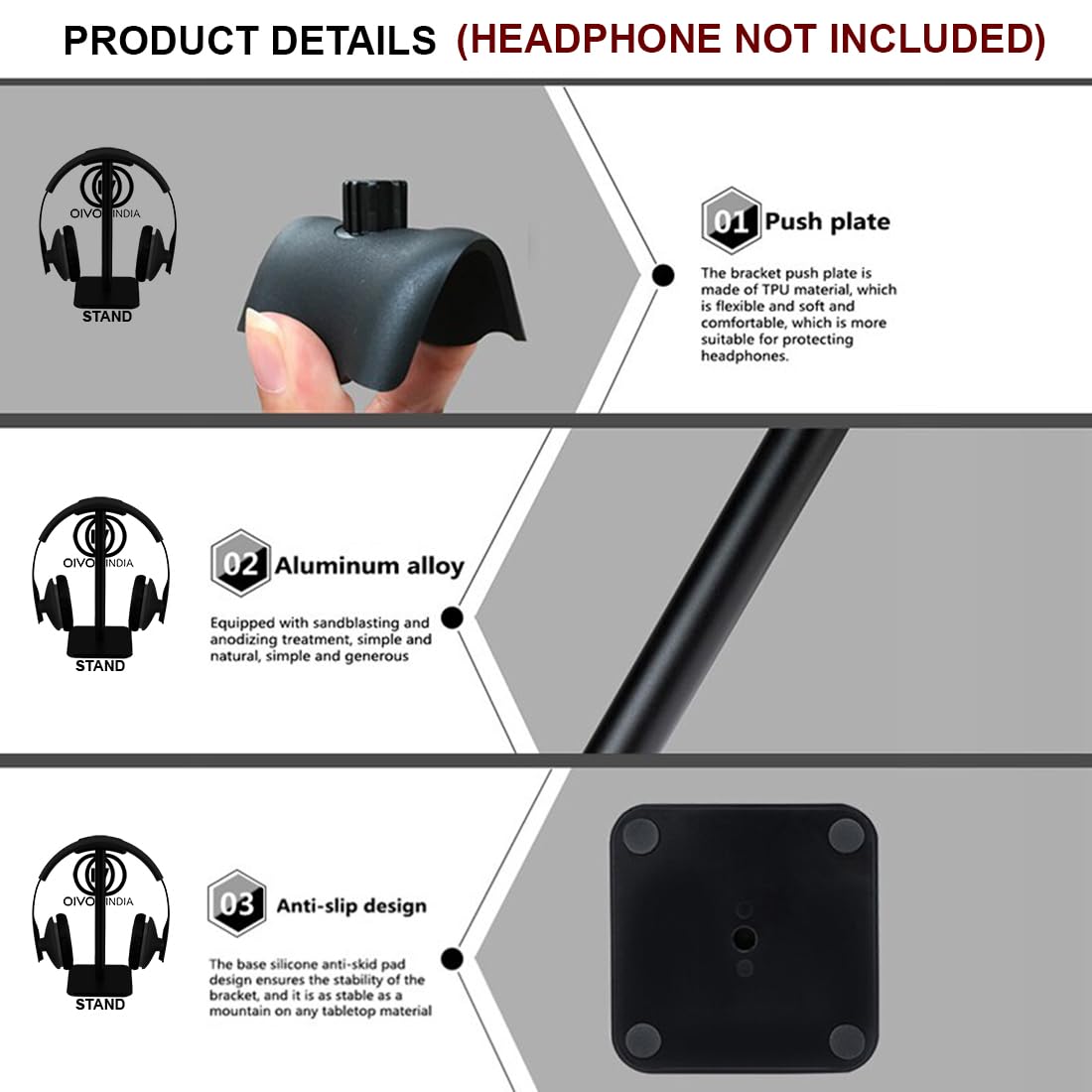 OIVO INDIA Headphone Stand Headset Holder with Aluminum Supporting Bar Flexible Headrest ABS Solid Base for All Headphones Sizes (Only Stand)