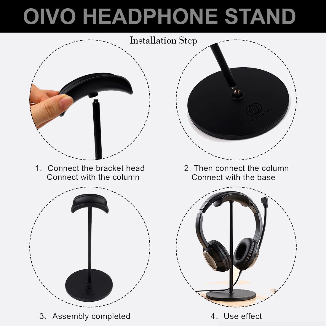 OIVO INDIA Black Headphone Stand Headset Holder with Aluminum Supporting Bar for All Headphones Size