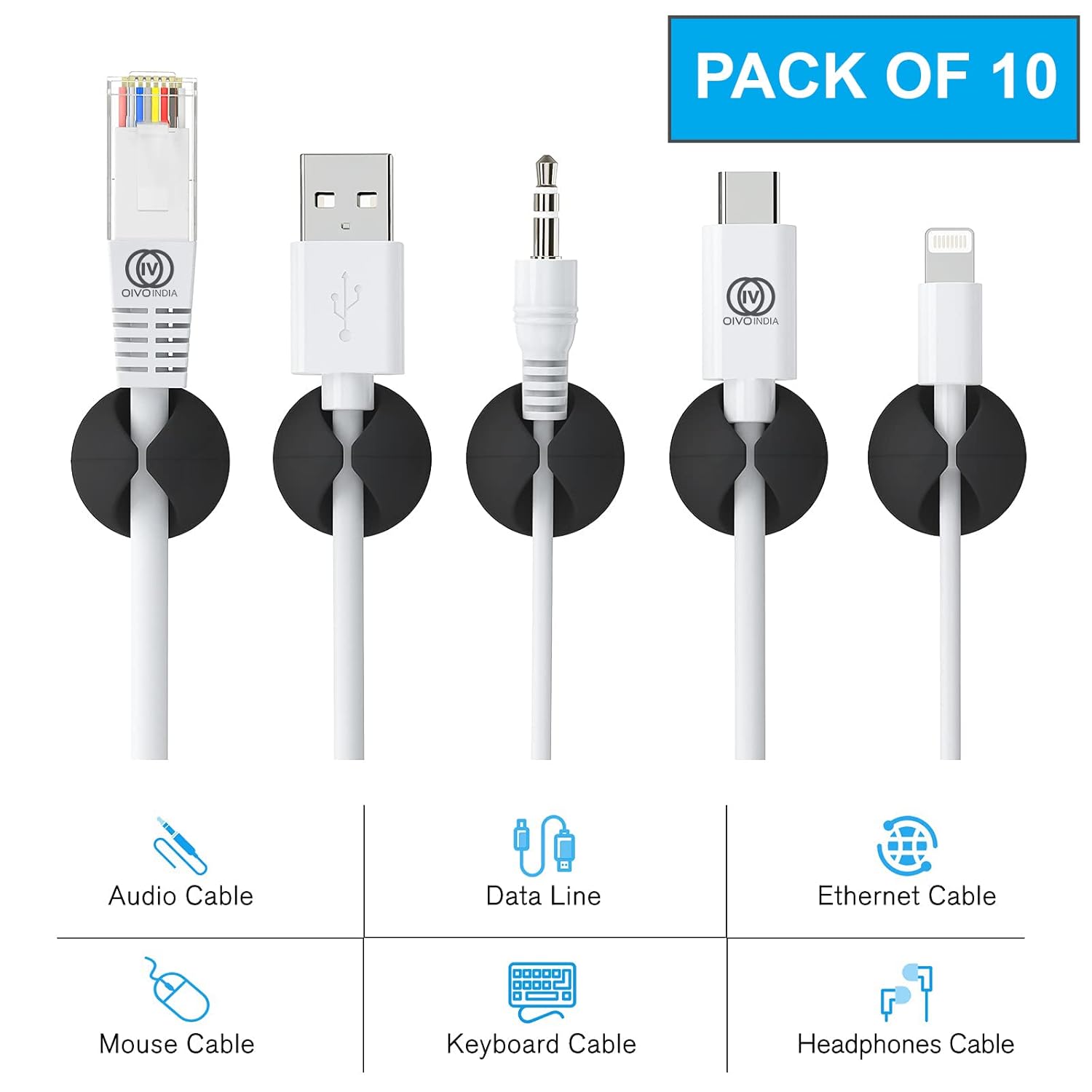 OIVO INDIA Adhesive Desk Cable Organizer (Pack of 10, For Small Cables)
