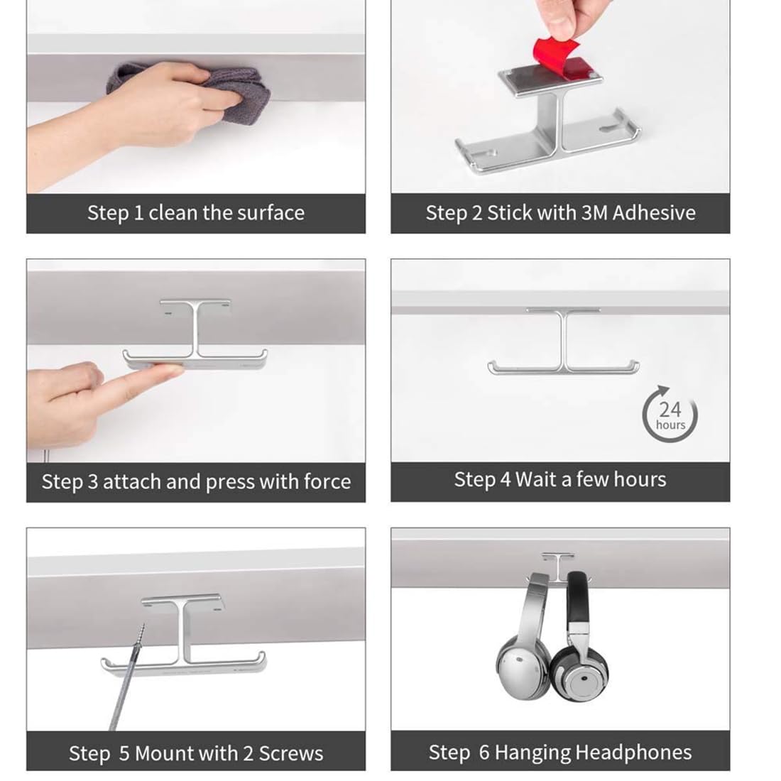 OIVO INDIA Aluminum Headphone Hanger, Gaming Headset Headphone Hook Holder Mount Under Desk with Cable Organizer for All Headphones (Silver)