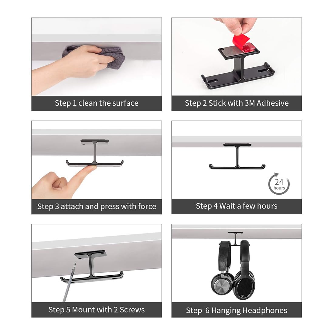 OIVO INDIA Aluminum Headphone Hanger, Gaming Headset Headphone Hook Holder Mount Under Desk with Cable Organizer for All Headphones (Black)