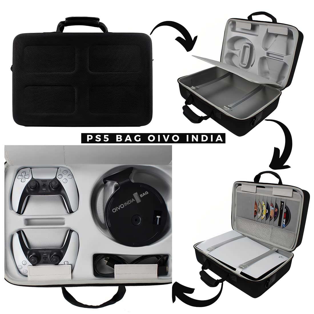 OIVO INDIA Hard Shell Water-Resistant PS5 Carrying Bag Compatible for PlayStation 5 Disc/Digital Version with Black Controller Case(Bag, 2 Controller Case)