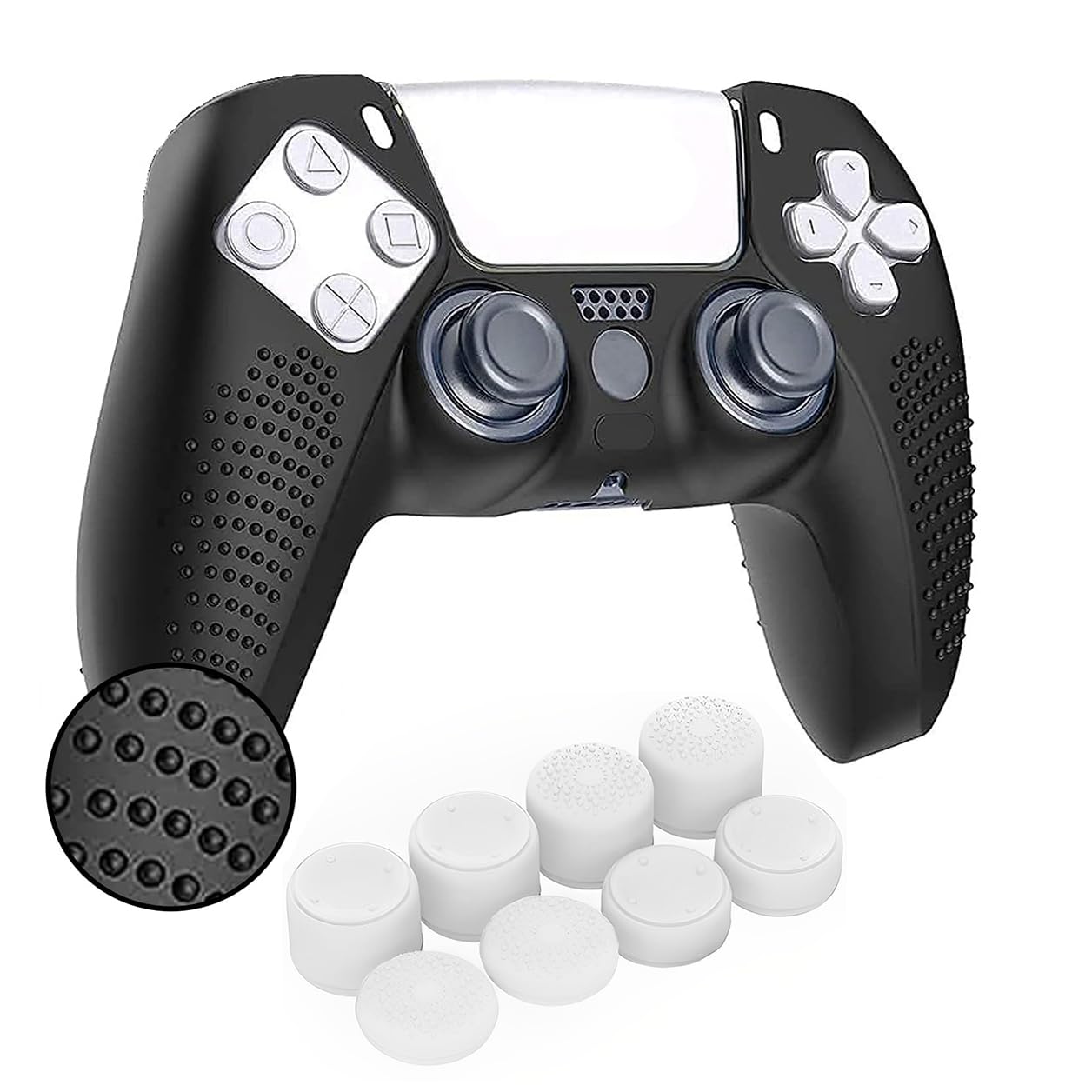 OIVO INDIA Black Dot Design Cover Compatible for PS5 Game Controller Remote Sleeves with White ThumbGrip Set