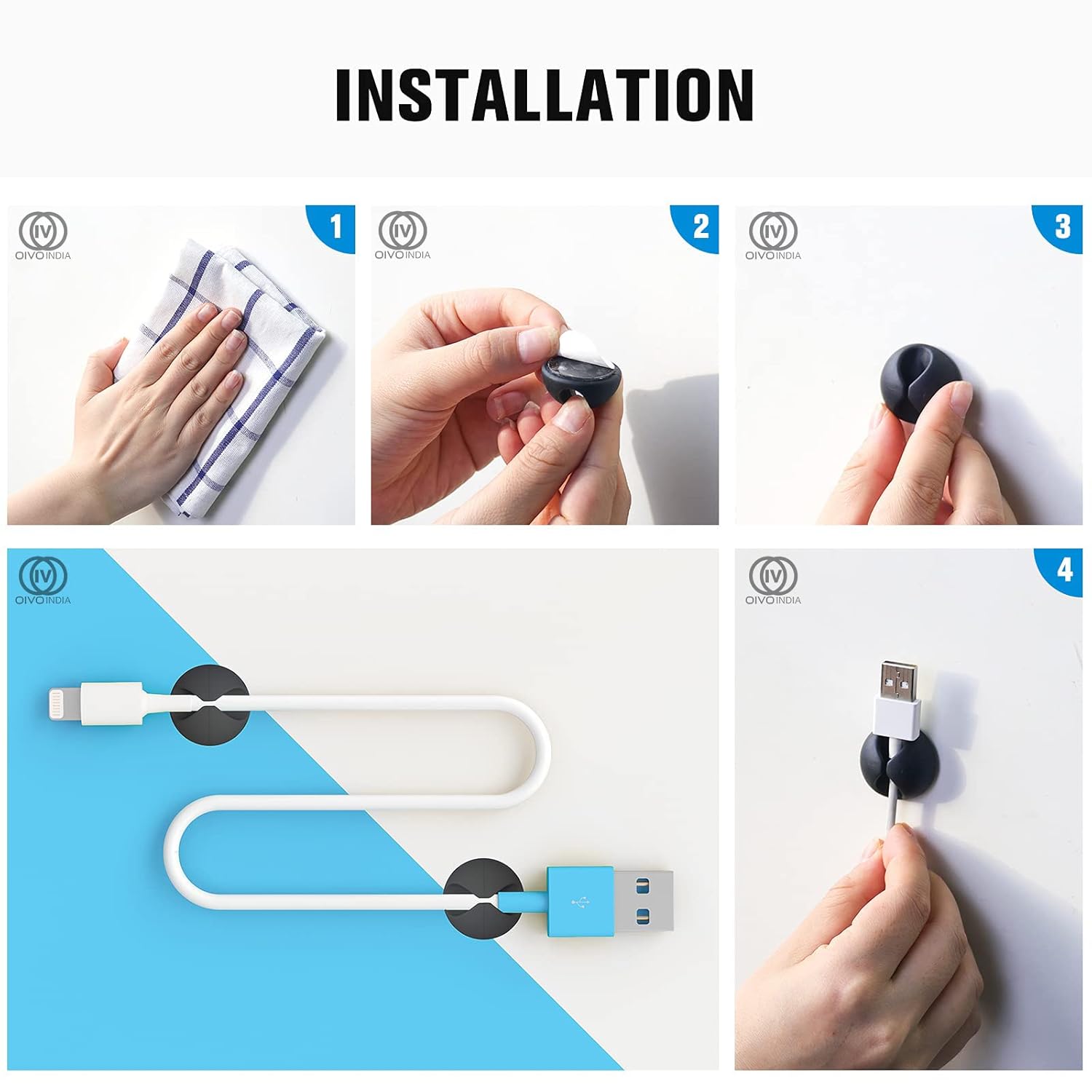 OIVO INDIA Adhesive Desk Cable Organizer (Pack of 20, For Small Cables)