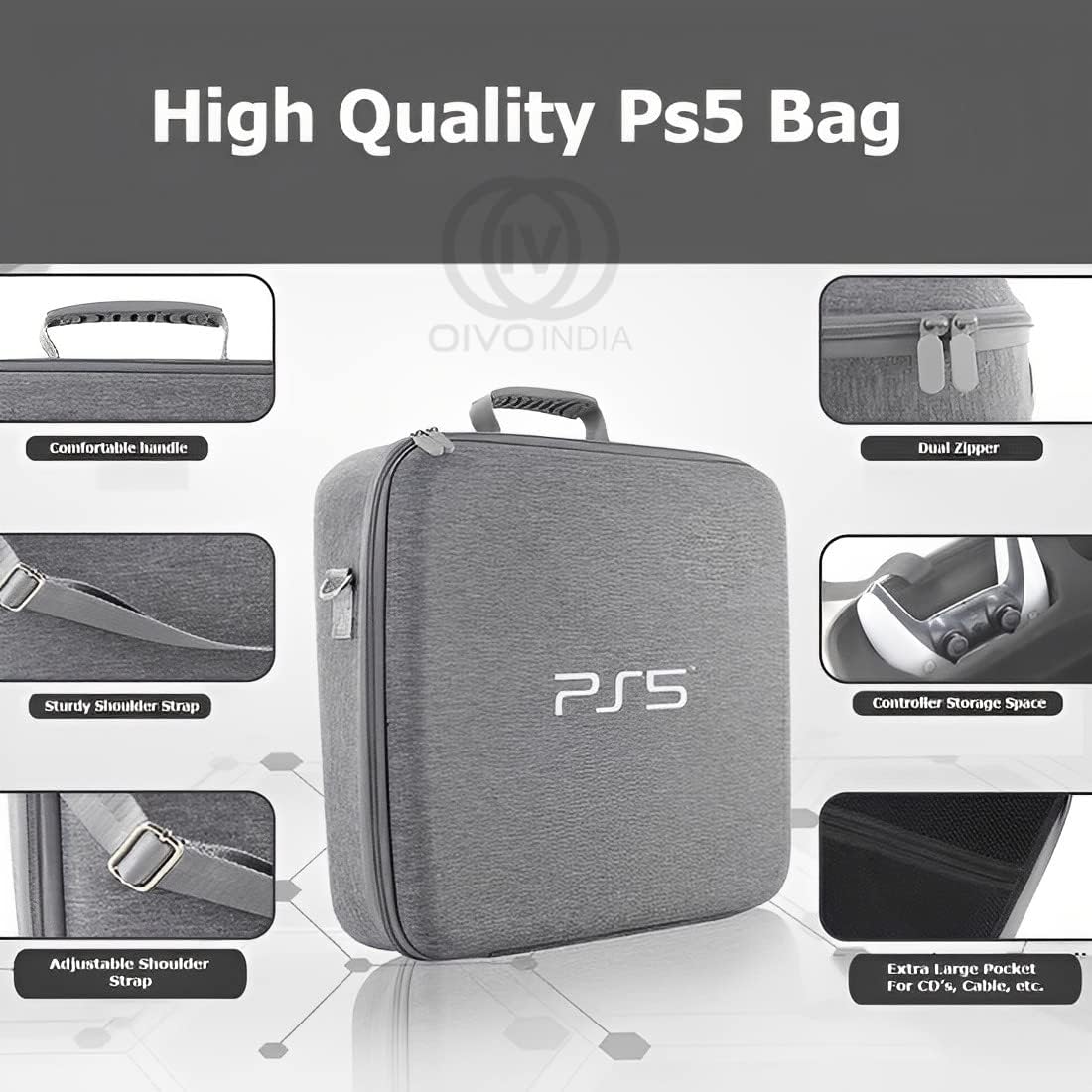 OIVO INDIA Hard Shell Water-Resistant PS5 Carrying Bag Compatible for PlayStation 5 Disc/Digital Version with Black Controller Case(BGP516 Grey + GC-14 Red & GC-09 Black)