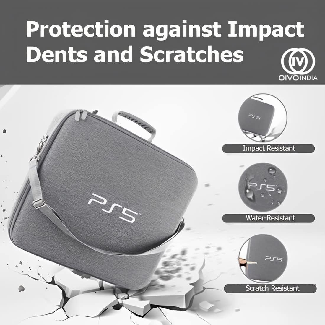 OIVO INDIA Hard Shell Water-Resistant PS5 Carrying Bag Compatible for PlayStation 5 Disc/Digital Version with Black Controller Case(BGP516 Grey + GC-14 Red & GC-09 Black)