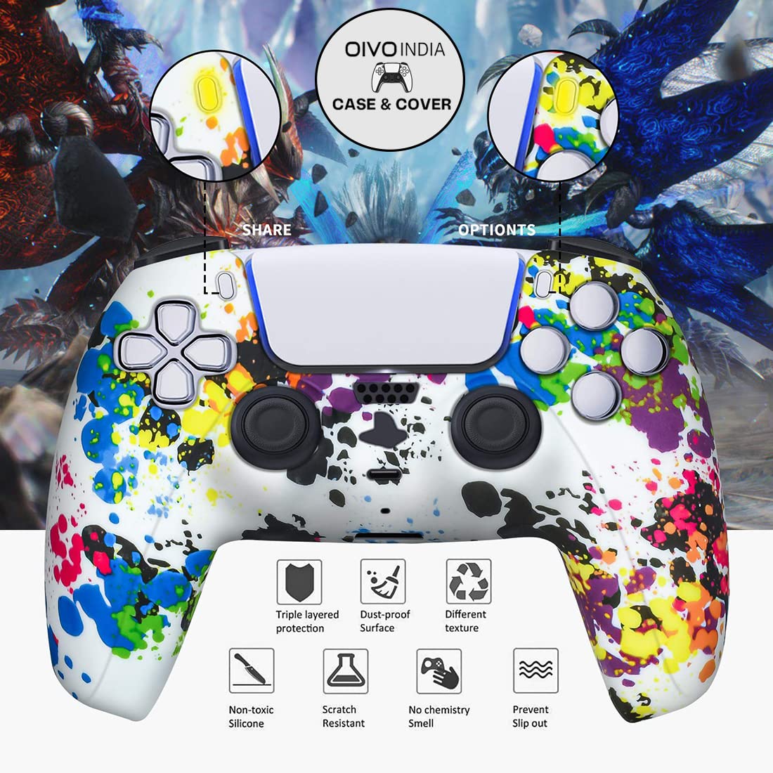 OIVO INDIA Black & White Controller Silicone Cover Case PS5 Controller Skin Anti Slip Protective Sleeve Compatible for Sony Playstation5 (Pack of 2- P5CC06 Zigzag BK+P5CC-08 Multicolor)