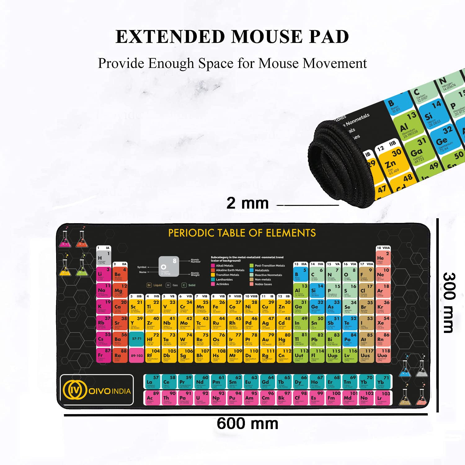 OIVO INDIA Gaming Mouse Pad| Large Size (600 x 300mm) | Stitched Embroidery Edges| Non-Slip Rubber Base|Keyboard Mouse Pad for Office Home (Periodic Table), Black