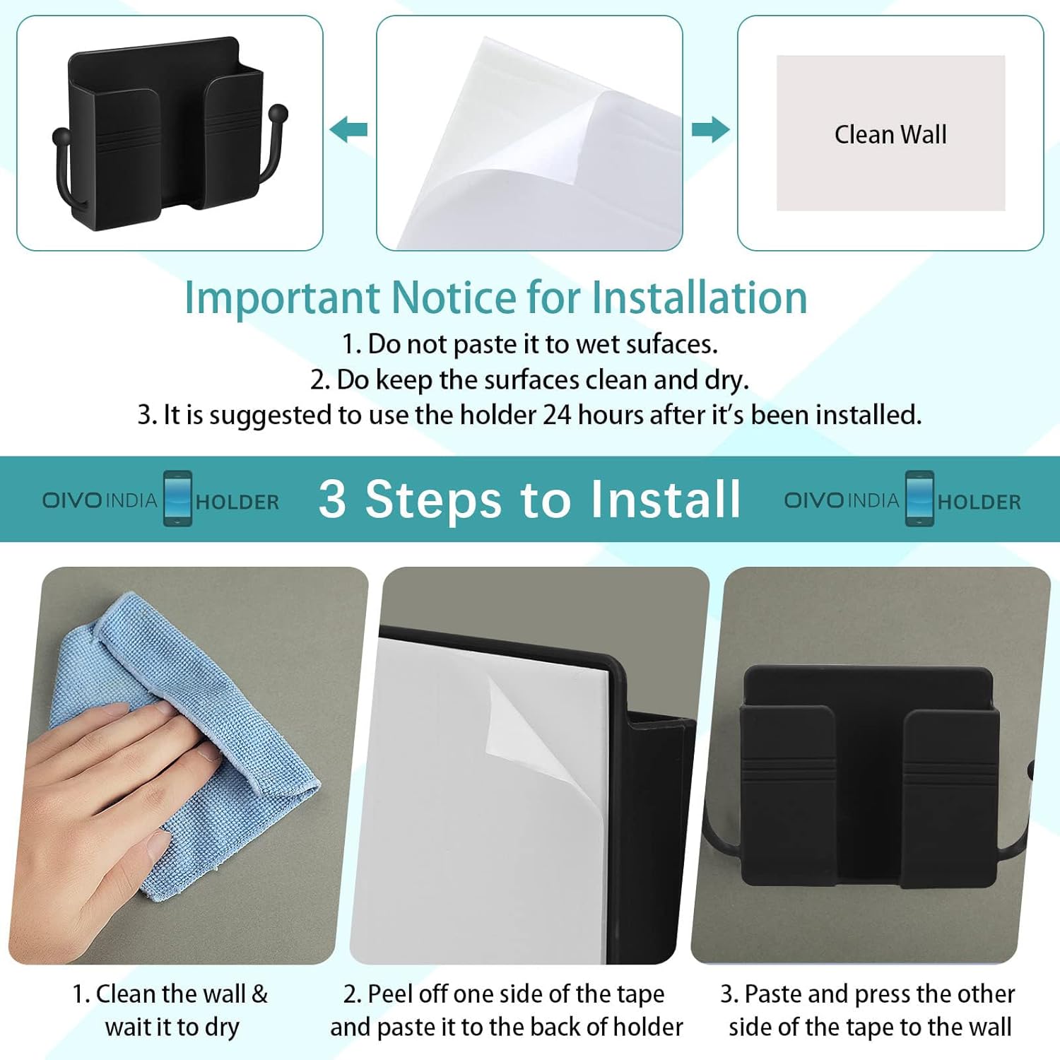 OIVO INDIA Wall Charger Hook Mobile Phone Holder Universal Cellphone Hanging Bracket Hooks Charging Dock Stand (Black, Pack of 6)