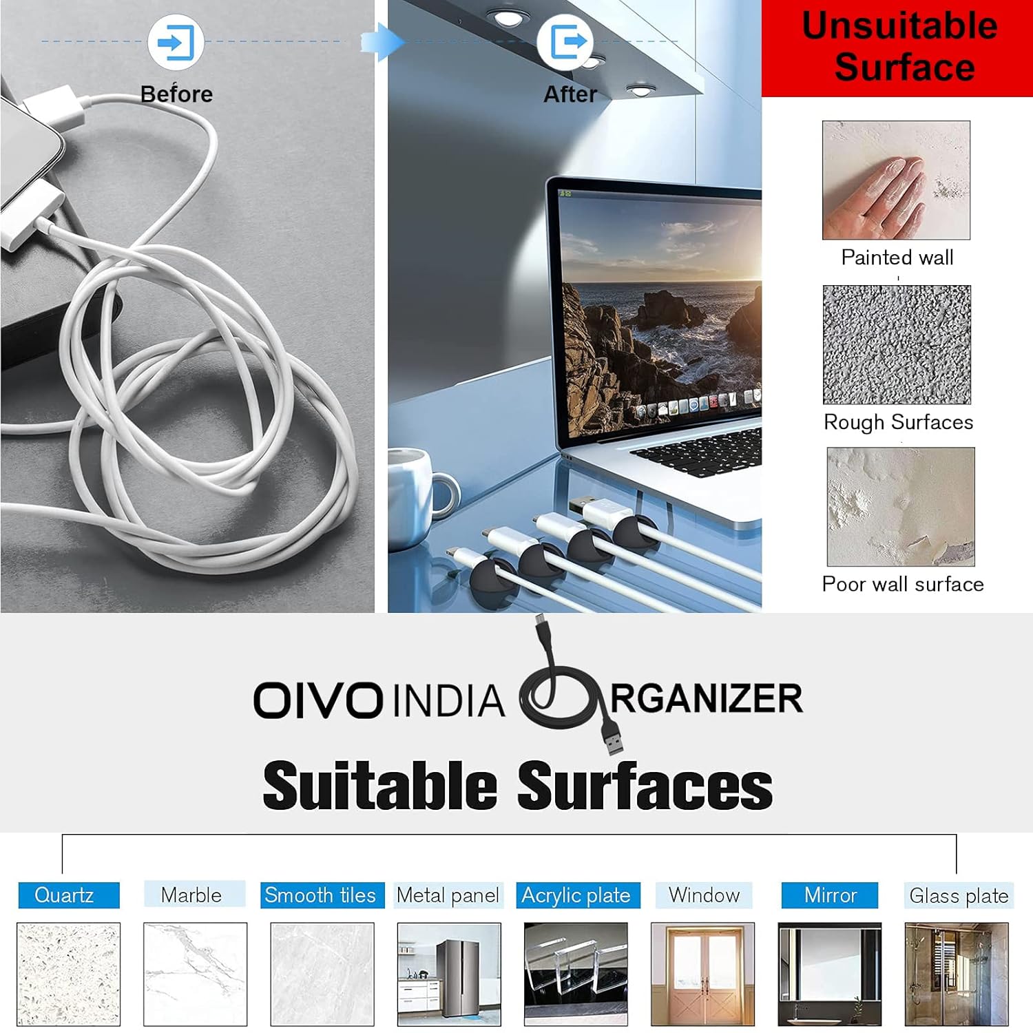 OIVO INDIA Adhesive Desk Cable Organizer (Pack of 10, For Small Cables)