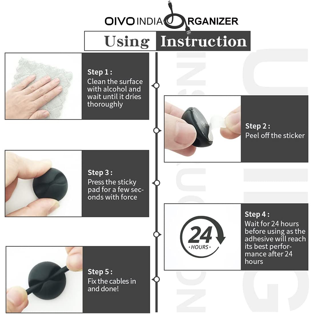 OIVO INDIA Adhesive Desk Cable Organizer (Pack of 10, For Small Cables)