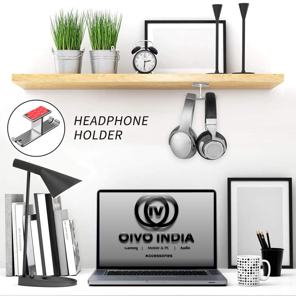 OIVO INDIA Aluminum Headphone Hanger, Gaming Headset Headphone Hook Holder Mount Under Desk with Cable Organizer for All Headphones (Silver)