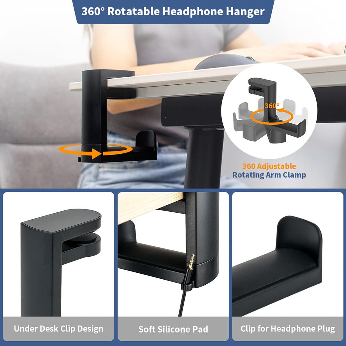 OIVO INDIA Headphone Stand, 360 Degree Rotation Headset Hanger Holder, Adjustable Gaming Headphone Hook Under Desk Mount Headset Clamp with Cable Organizer Clip (Black)
