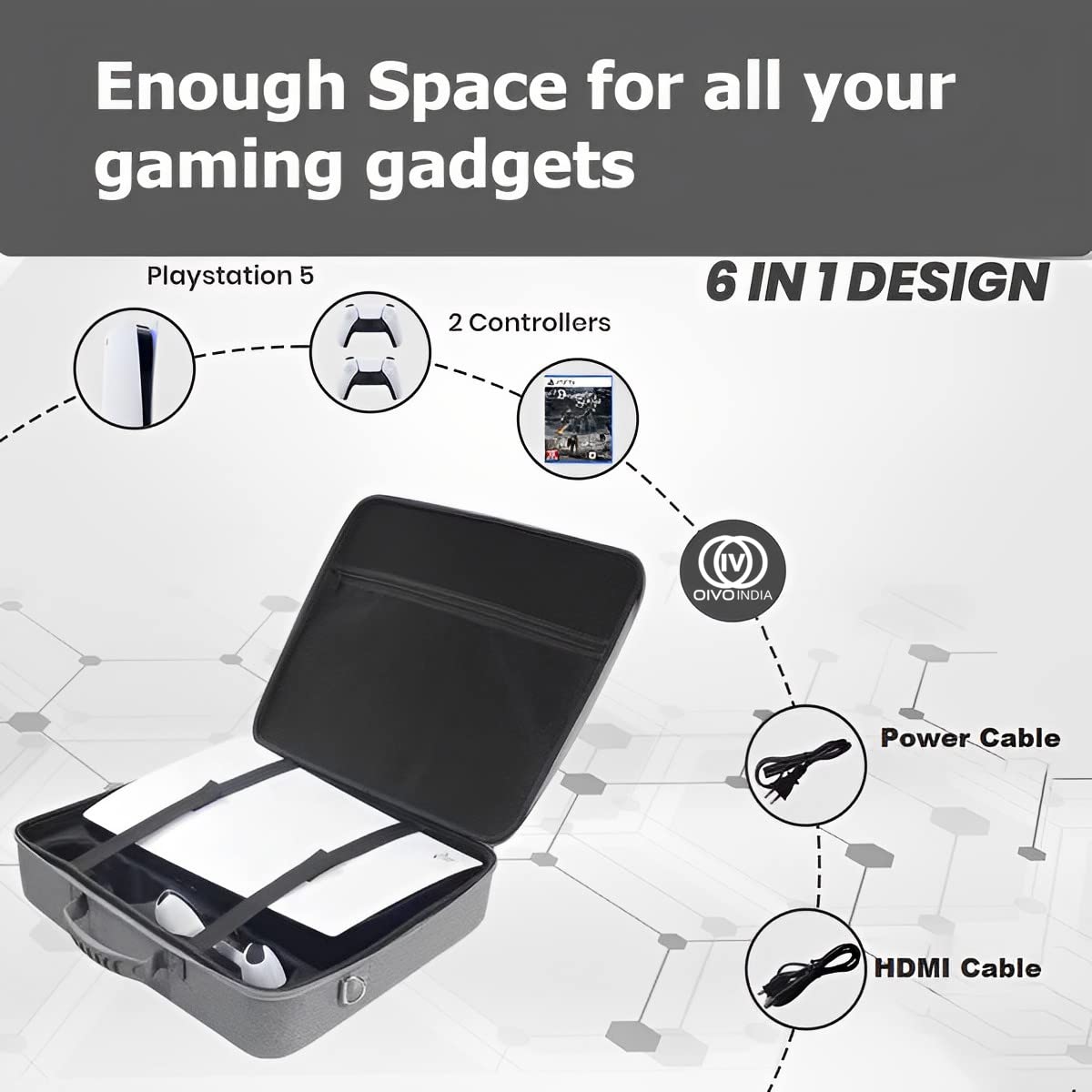 OIVO INDIA Stylish Nylon Grey Hard Carrying Storage Case Compatible for PlayStation 5 with Black Controller Case (PS5 Bag, Combo) [Video Game]
