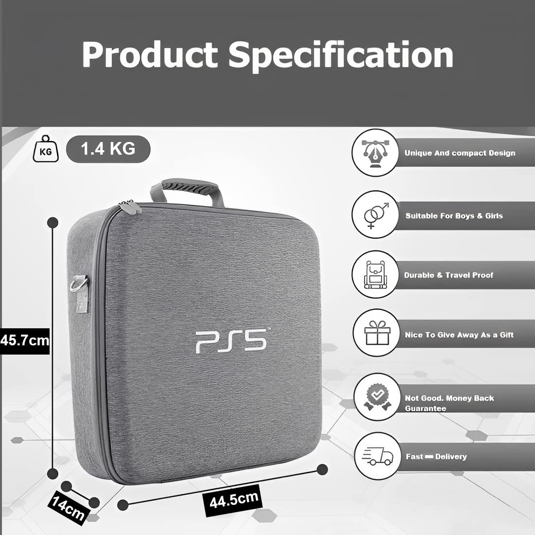 OIVO INDIA Stylish Nylon Grey Hard Carrying Storage Case Compatible for PlayStation 5 with Black Controller Case (PS5 Bag, Combo) [Video Game]