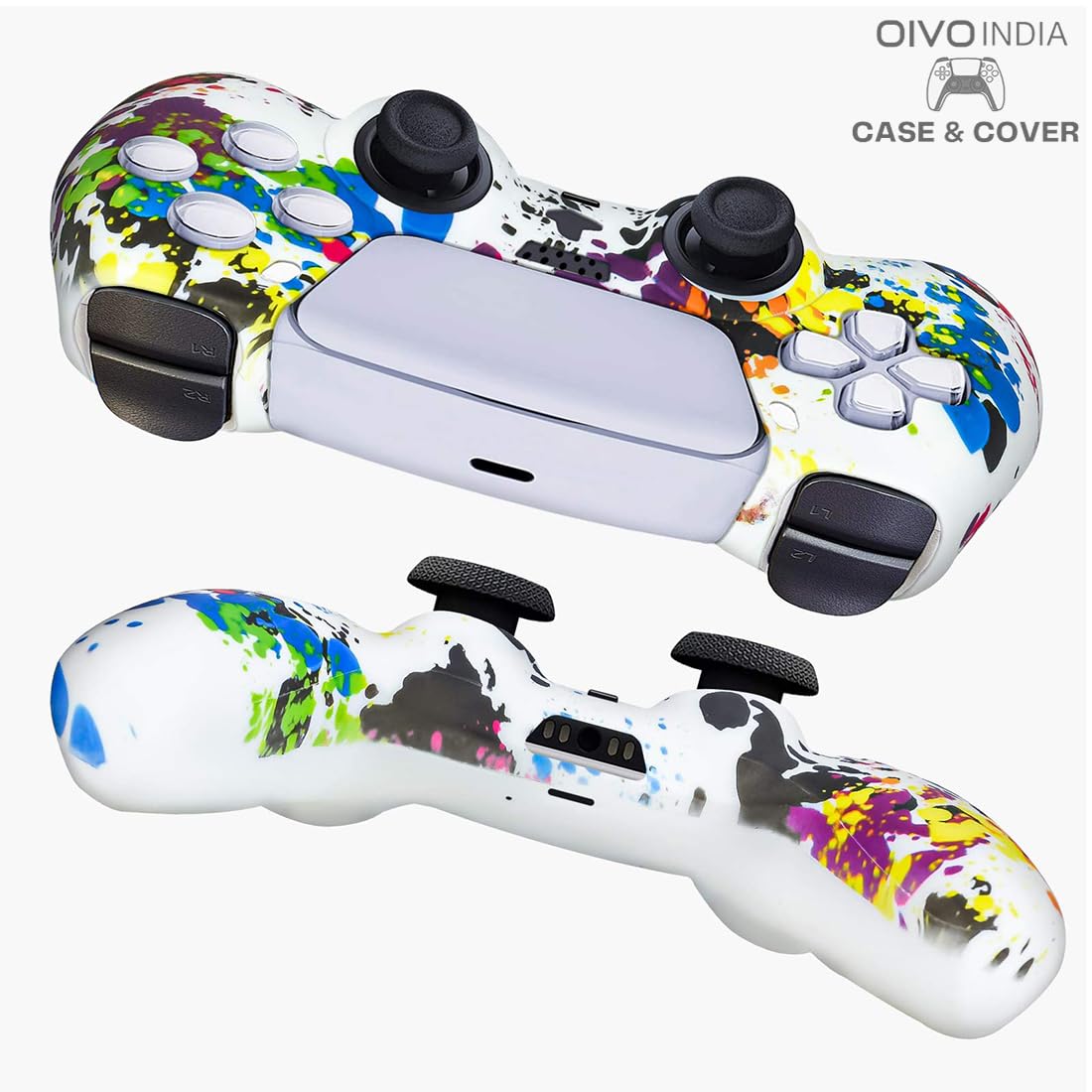 OIVO INDIA Black & White Controller Silicone Cover Case PS5 Controller Skin Anti Slip Protective Sleeve Compatible for Sony Playstation5 (Pack of 2- P5CC06 Zigzag BK+P5CC-08 Multicolor)