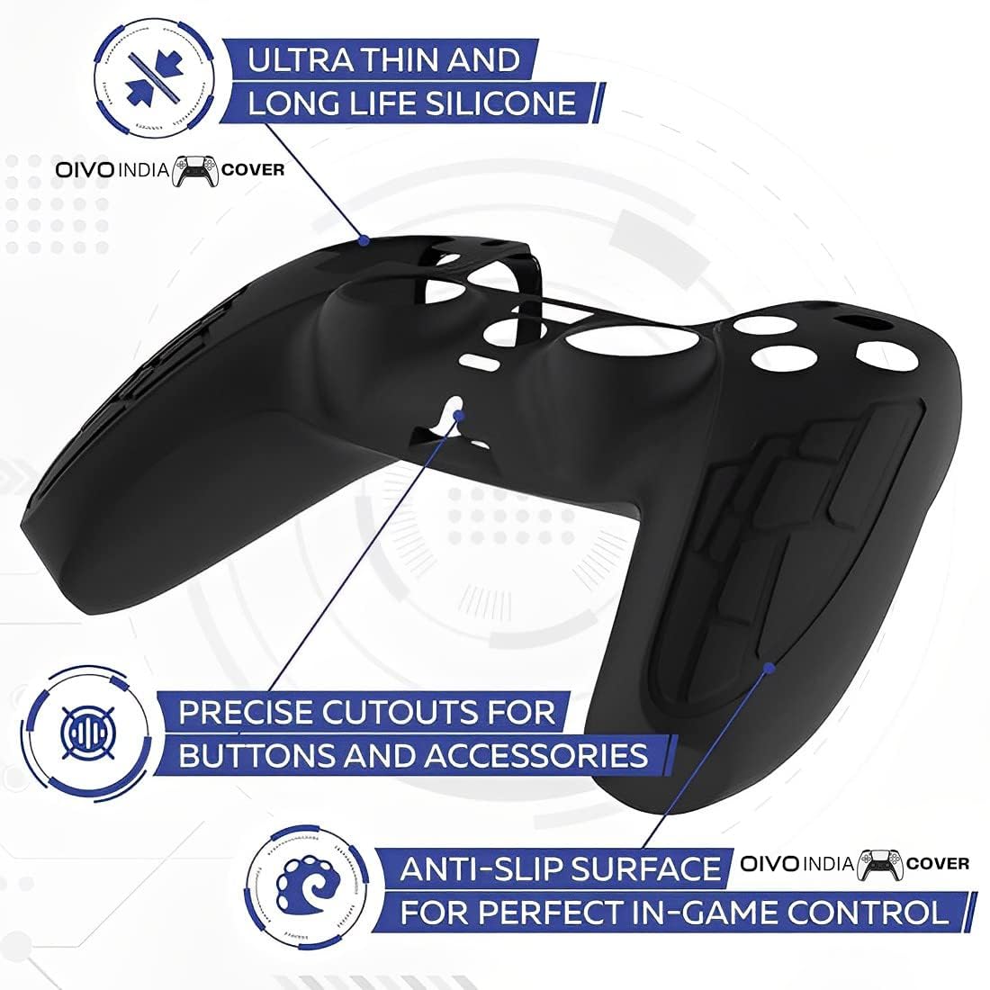 OIVO INDIA Black Controller EVA & Silicone Cover Case PS5 Controller Skin Anti Slip Protective Case Sleeve Compatible for Sony PS5 Controller (Combo of 2 - GC-09 Black + P5CC-06 ZigZagBK)