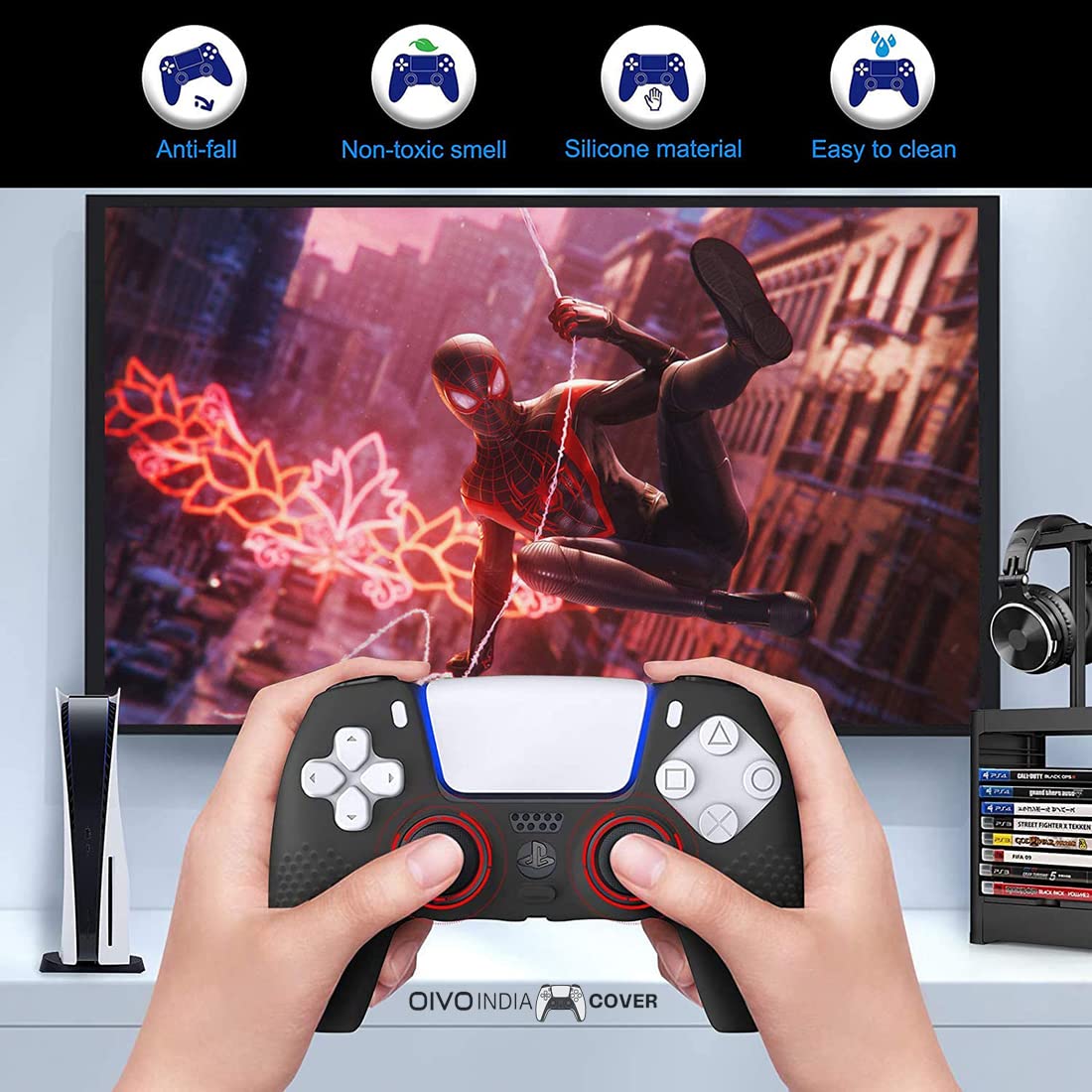 OIVO INDIA Black Controller EVA & Silicone Cover Case PS5 Controller Skin Anti Slip Protective Case Sleeve Compatible for Sony PS5 Controller (Combo of 2 - GC-09 Black + P5CC-06 ZigZagBK)