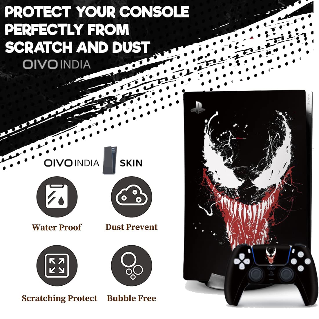 OIVO INDIA Ps5 Skin Protector for Playstation5 Console Wrap Sticker Skin with 2 Wireless Controller Decal Sticker (Black,Venom) [video game] [video game]