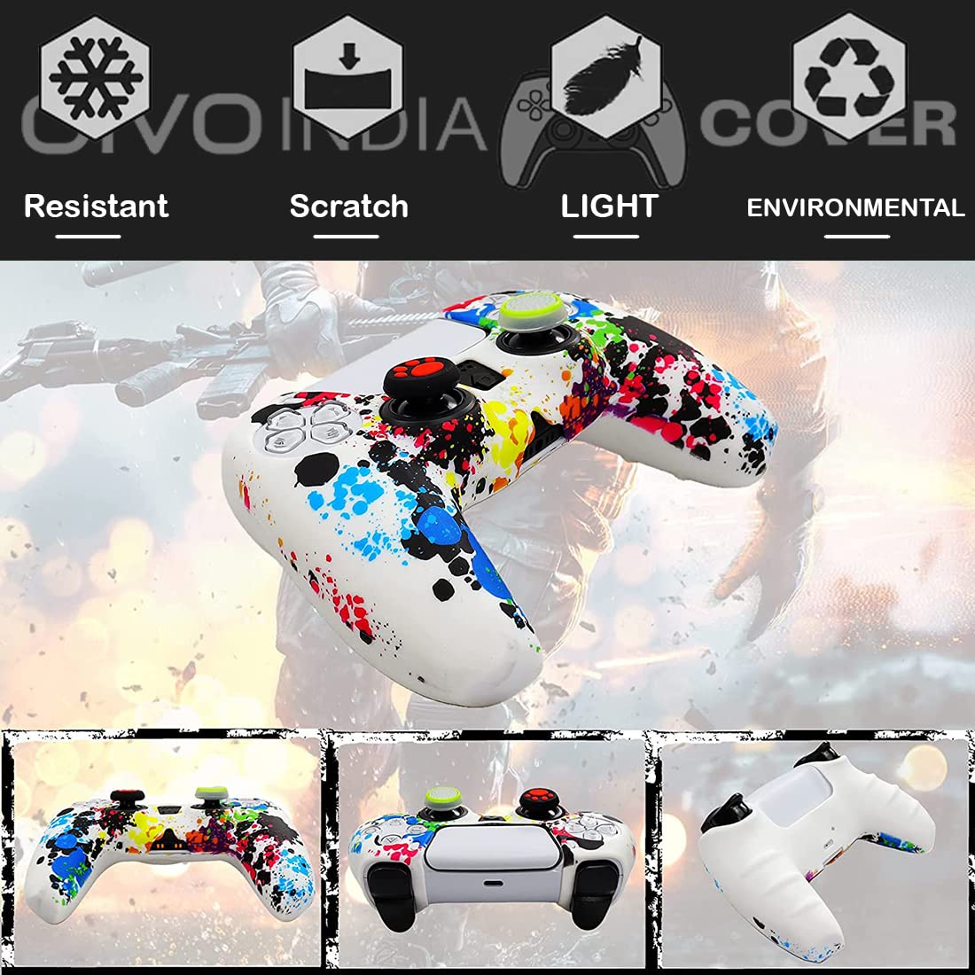 OIVO INDIA Black & White Controller Silicone Cover Case PS5 Controller Skin Anti Slip Protective Sleeve Compatible for Sony Playstation5 (Pack of 2- P5CC06 Zigzag BK+P5CC-08 Multicolor)
